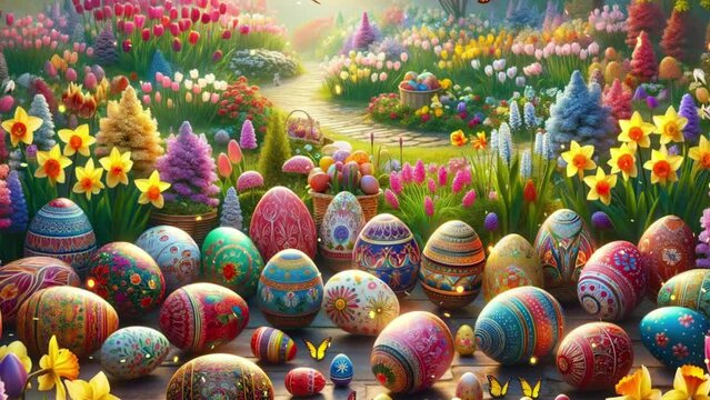 Easter eggs with a bright pattern lie on a table against a background of flowers.