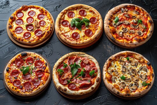 A collection of six delectable, freshly made pizzas. Generative Ai.
