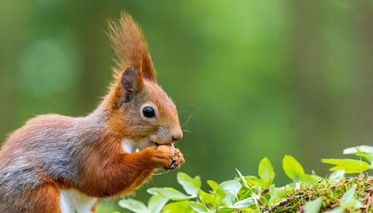 Naklejka na ściany i meble Cute red squirrel, sciurus vulgaris, eating a nut in green spring forest with copy space. Lovely wild animal with long ears and fluffy tail feeding in nature. Wide panoramic banner of mammal