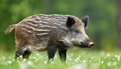 Dominant wild boar, sus scrofa, male sniffing with massive snout with white tusks on meadow. Majestic wild mammal standing on grass in spring from side view - obrazy, fototapety, plakaty