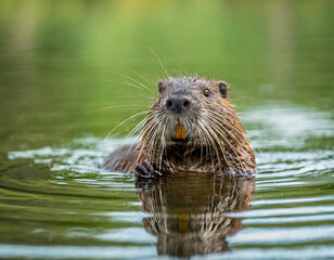 Eurasian beaver peeking out of the water in summer
