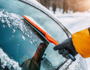 Hand in glove holding a snow scraper and removing ice from a car window with rear view mirror in background. Concept of danger on roads in winter season. Maintenance of vehicle in cold temperatures.