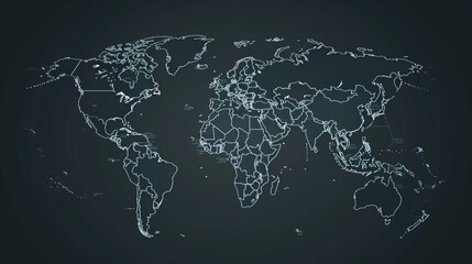   High detail vector world map with thin white outlines: minimalistic country borders on black...