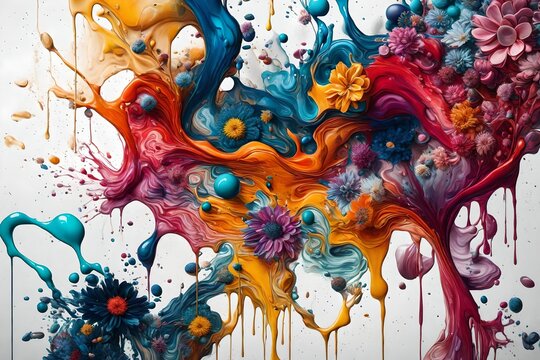 Striking HD image showcasing the fusion of colorful liquids in a modern artwork, accented by artistic flower motifs against a simple backdrop