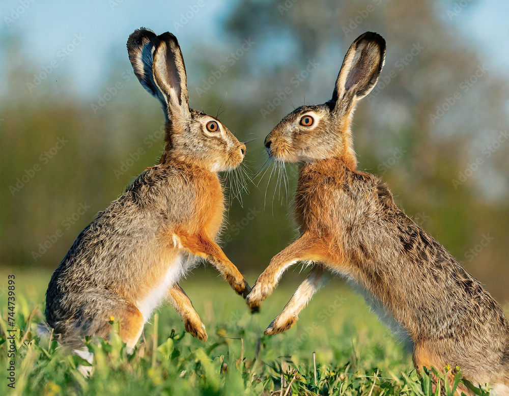 Wall mural Two brown hare, lepus europaeus, fighting on field in spring nature. Pair of rabbits boxing on glade in sunlight. Brown long ear mammals in action on meadow - Wall murals