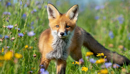 Red fox, vulpes vulpes, cub looking to the camera on sunny meadow in summer. Young mammal standing on field in sunlight. Little animal watching on flowered glade - obrazy, fototapety, plakaty