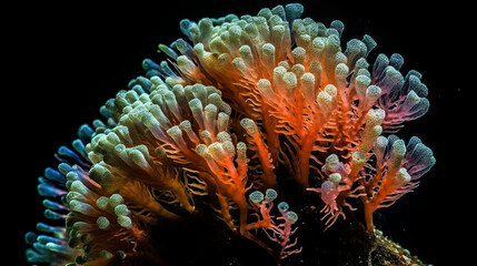 Naklejka na ściany i meble Underwater marine life with red and pink fish, vibrant coral reef, anemone flower, and diverse flora in a tropical aquarium setting