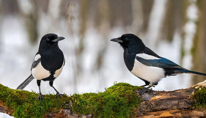 Two Eurasian Magpies, Pica Pica, on moss covered branch in winter. Pair of black and white birds in winter.