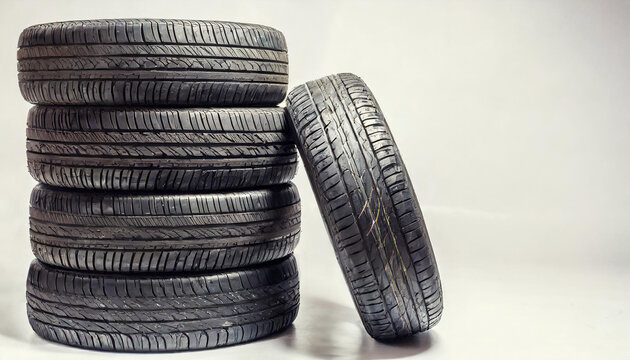 Stack of tires with one leaning wheel isolated on white background. Black wheels with structure shot in studio. Rubbers on car with copy space.