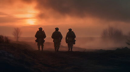  model soldiers standing around on the ground at a sunset