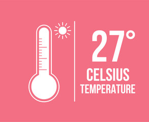 27° Celsius temperature. Vector 27 degrees, hot weather concept. Thermometer measuring thermal sensation