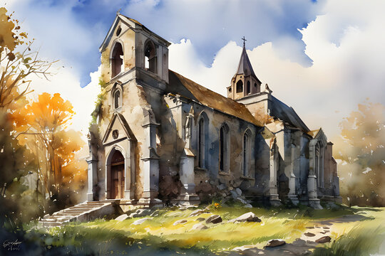painting of an old abandoned church
