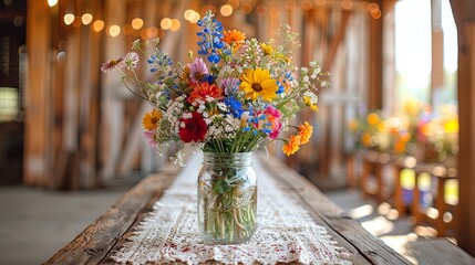 A country chic wedding concept featuring a wooden barn door backdrop, a lace-edged burlap runner and a mason jar filled with wildflowers.