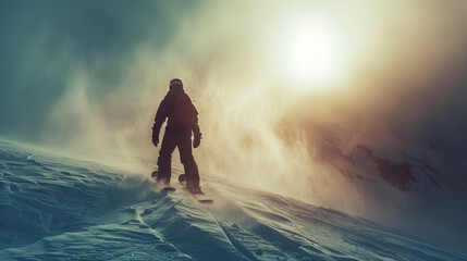 The mountaineer embarks on backcountry skiing, trekking through the snow-covered terrain. - obrazy, fototapety, plakaty