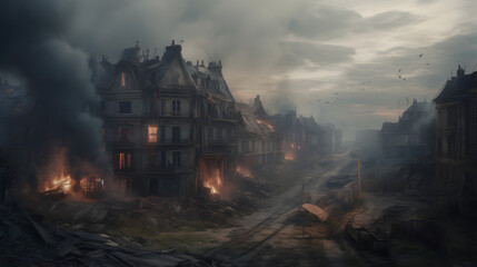 Fototapeta premium the demolished city is under a cloud of smoke
