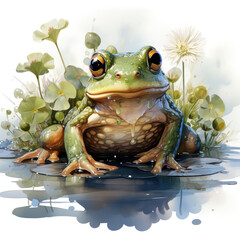 watercolor Cute Frog on a Lily Pad clipart, Generative Ai