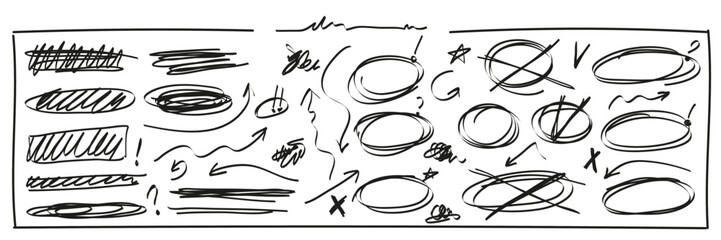 Collection of linear design elements for notes. Hand drawn with a thin marker, the symbols of the entries in the notebook. Highlighting, arrows, cross, check mark strikethrough, underline, textbox © yatsan lee