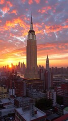 Fototapeta na wymiar Empire State Building at Sunrise with Orange Sky