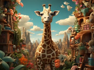 Giraffes in zoo: Tall mammals with long necks, cute faces, in a wildlife safari setting - obrazy, fototapety, plakaty