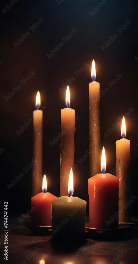 Poster a tranquil array of candles burn with a gentle glow, their flames flickering softly in a serene and 