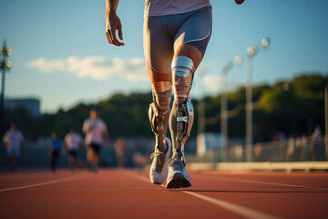 A man with a bionic prosthetic leg runs along the stadium track. Training, competitions, Paralympic games. - obrazy, fototapety, plakaty