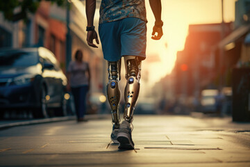 A man walks along a city street with a bionic prosthetic leg. Development of prosthetic technologies. Health of disabled people. The ability to walk like healthy people - obrazy, fototapety, plakaty