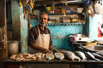 Man selling seafood at a market full of fish in a human settlement - obrazy, fototapety, plakaty