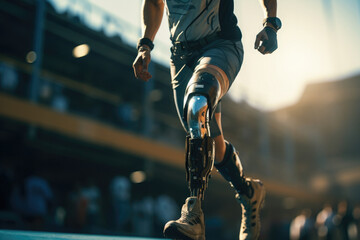 A man with a bionic prosthetic leg runs along the stadium track. Training, competitions, Paralympic games.