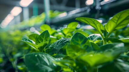 Close up of fresh basil plant growing in hydroponic farm.
