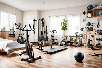 Fototapeta na wymiar A fitness enthusiast's bedroom with workout equipment, motivational decor, and a dedicated exercise space, promoting a healthy and active lifestyle