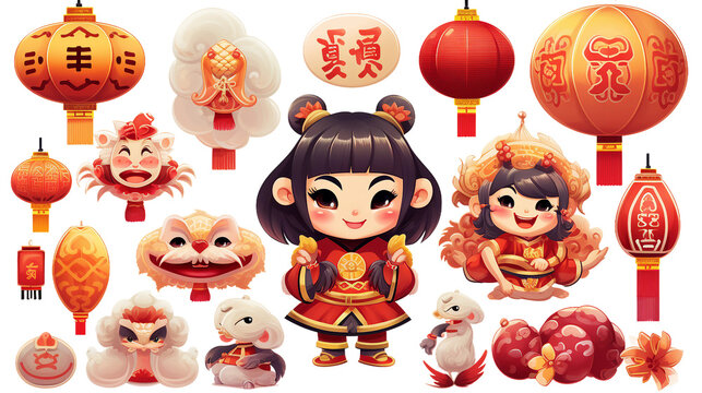 Traditional Chinese New Year Illustrations Set with Symbolic Zodiac Elements, Perfect for Festive Celebrations and Cultural Designs on Transparent or White Backgrounds