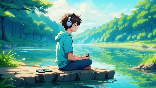 A lofi boy relaxing by a nearby lake, surrounded by nature, Lofi loop animation.