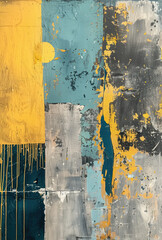 Splashes of bright paint on the canvas.Gold, black, blue and gray colors. Interior painting. Beautiful background. Generative AI.