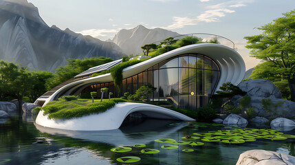 Eco-friendly house blending into a futuristic landscape with vibrant solar energy pathways.