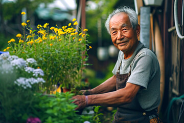 An elder smiles in front of a potted plant, enjoying the summer leisure