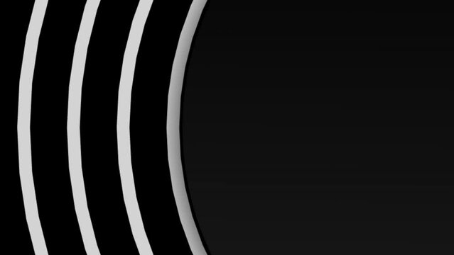 Modern horizontal motion graphic background with black and white gradient and concentric circular shapes line coming out of a circle on the lateral margin with empty space to write text