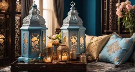Showcase the elegance of Ramadan home decor in a living space, with ultra-realistic details in capturing the ornate lanterns, plush cushions, and carefully arranged floral arrangements -Ai Generative