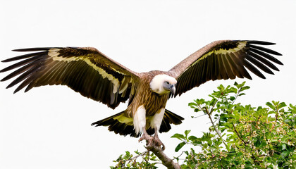 Obraz premium Griffon vulture, gyps fulvus, landing on a bough from front view isolated on white background. Scavenger bird with spread wings sitting down on a twig cut out on blank