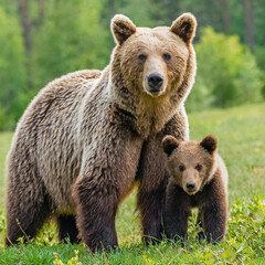 Fototapeta premium Protective female brown bear, ursus arctos, standing close to her two cubs. An adorable young mammals with fluffy coat united with mother in the middle of grass meadow