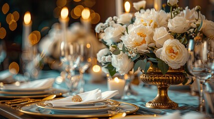 An opulent dinner table setting for a wedding feast, featuring golden cutlery, crystal stemware and a centerpiece of white peonies and candles. - obrazy, fototapety, plakaty