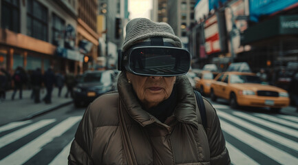 an elderly woman in a jacket and hat walks across the street in a urban area wearing virtual reality glasses