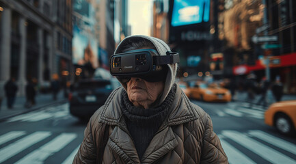 an elderly woman in a jacket and hat walks across the street in a urban area wearing virtual reality glasses - obrazy, fototapety, plakaty