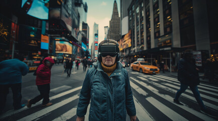 an elderly woman in a jacket and hat walks across the street in a urban area wearing virtual reality glasses - obrazy, fototapety, plakaty