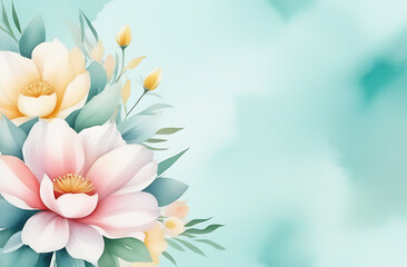 Beautiful floral background with magnolia flowers and leaves. Watercolor illustration
