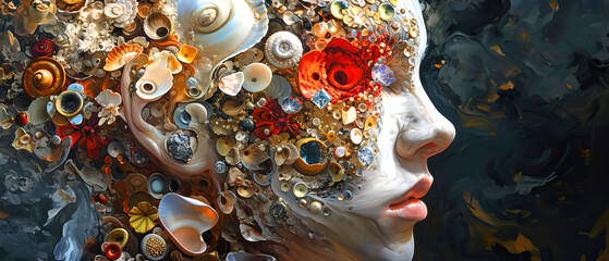Waterinspired art featuring a womans face with seashells and bubbles