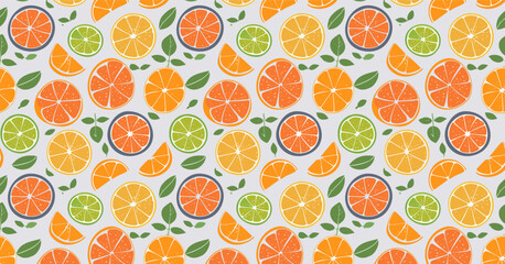 Citrus seamless simple pattern with leaves. Lemon, tangerine, orange, lime. Natural fruits, vitamins. For design concepts. Vector.