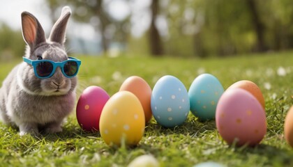 Cute Rabbit Bunny wearing sunglasses exploring the green landscape surrounded by festive Easter...