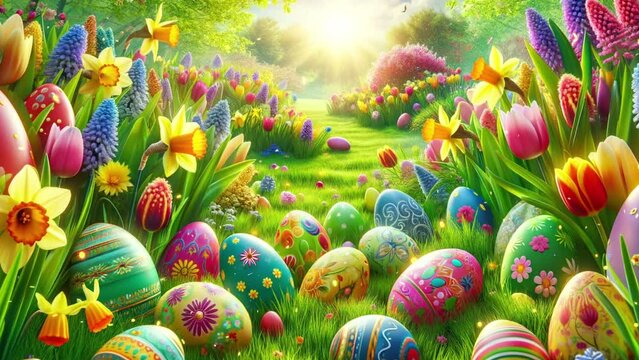 Easter eggs with a bright pattern lie on the grass against a background of flowers and sun.