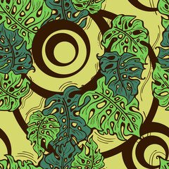 Monstera leaves decorative seamless pattern for textile design, fabric print, digital or wrapping paper, wallpaper, background and backdrop, decoration. Tropical summer holiday theme.