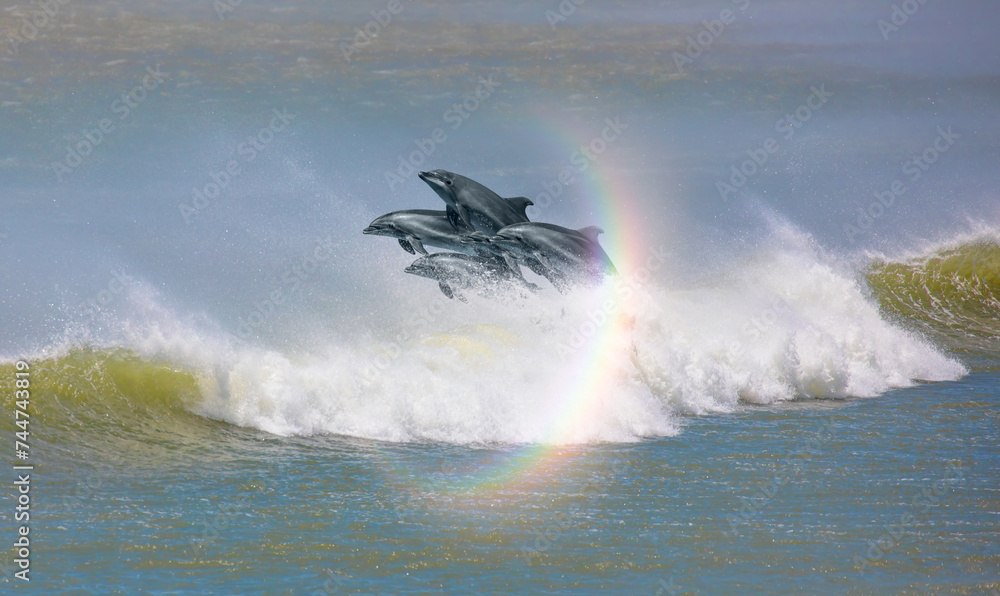 Poster group of dolphins jumping up from the sea amazing sunset in the background with rounded rainbow